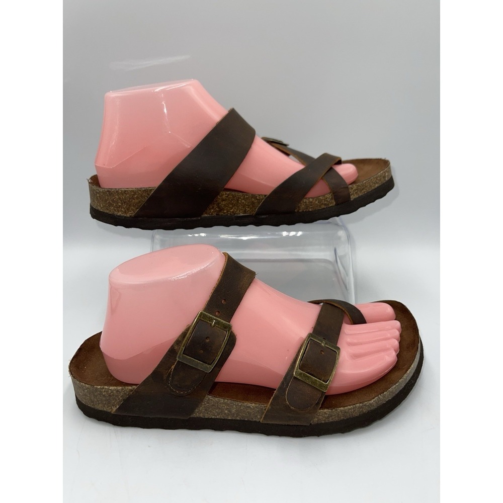 Mountain Sole Brown Leather Cork Footbed Sandals Women's US Size 8 Crisscross - Picture 3 of 8